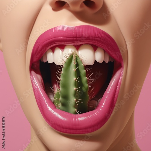 a cactus is sticking out of a woman's mouth with fuchsia lips. Gossiping or hate speech concept. Generative AI photo
