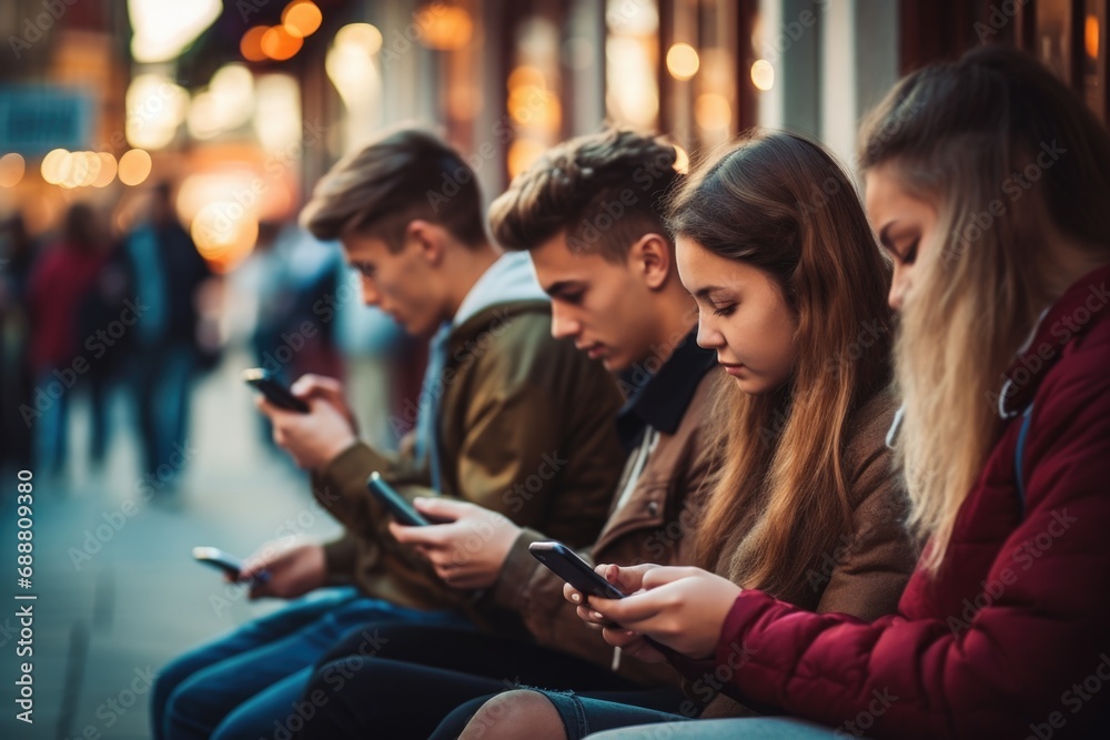 A group of people sitting on a bench, engrossed in their smartphones. Perfect for illustrating the modern addiction to technology. - obrazy, fototapety, plakaty 