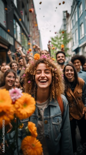 group of young people holding flowers, smiling and posing in the middle of the street. Valentine concept. Generative AI
