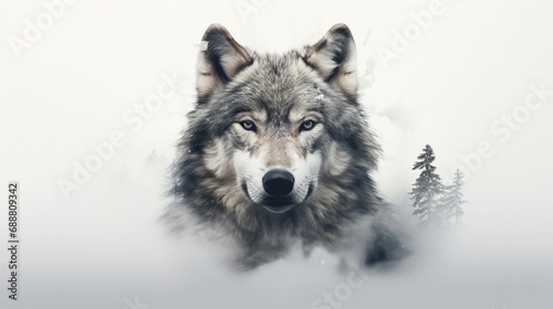 A double exposure rendering that features the intense gaze of a wolf  its facial details etched against a pure white background  embodying the stark beauty of the wilderness.