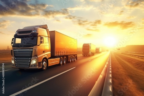 A stunning image of a semi truck driving down the highway during sunset. Perfect for transportation or travel-related projects photo