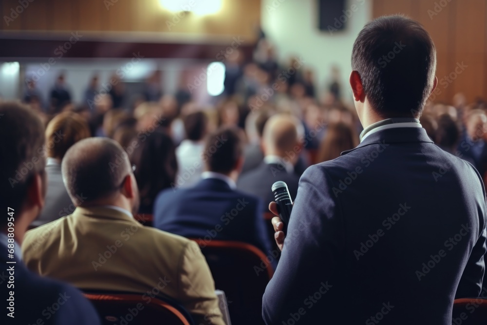 A man is seen holding a microphone in front of a large crowd. This image can be used to represent public speaking, presentations, concerts, or any event with a large audience A man is seen holding a microphone in front of a large crowd. This image can be used to represent public speaking, presentations, concerts, or any event with a large audience