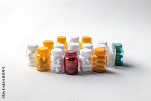 Pill bottles filled with various pills. Suitable for healthcare, medicine, and pharmaceutical concepts