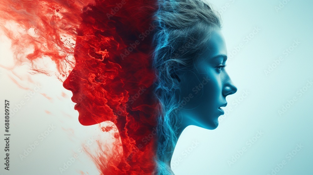 A dual-toned double exposure image capturing the paradoxical nature of a girl, one side serene in cool blue, the other fierce in fiery red. - obrazy, fototapety, plakaty 