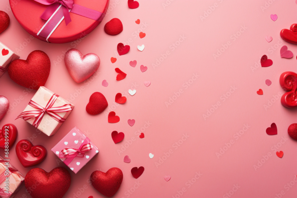 A festive background filled with candy, hearts and gift boxes A festive background filled with candy, hearts and gift boxes