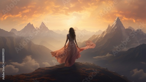 A fusion of femininity and rugged nature as a womana??s poised image is superimposed with the layered vistas of a mountain range at sunrise. photo