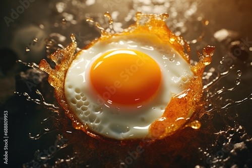 A close-up image of a fried egg sizzling in a frying pan, with water splashing around it. Perfect for illustrating cooking and food preparation.