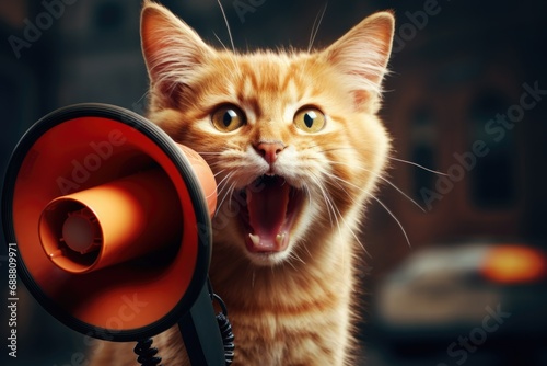 A cat with its mouth open in front of a megaphone. This image can be used to convey concepts such as communication, expression, or making a statement
