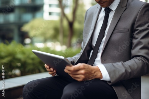 A man dressed in a suit is sitting on a bench and using a tablet. This image can be used to depict technology, business, or modern lifestyle