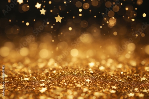 A dazzling gold glitter background with sparkling stars and bokeh lights. Perfect for adding a touch of glamour and elegance to any project or design