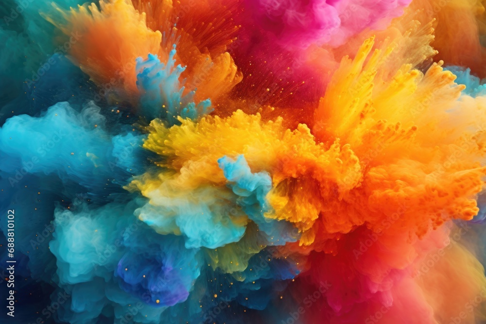 A vibrant burst of colored powder fills the air, creating a dynamic and energetic scene. Perfect for adding a splash of color and excitement to any project