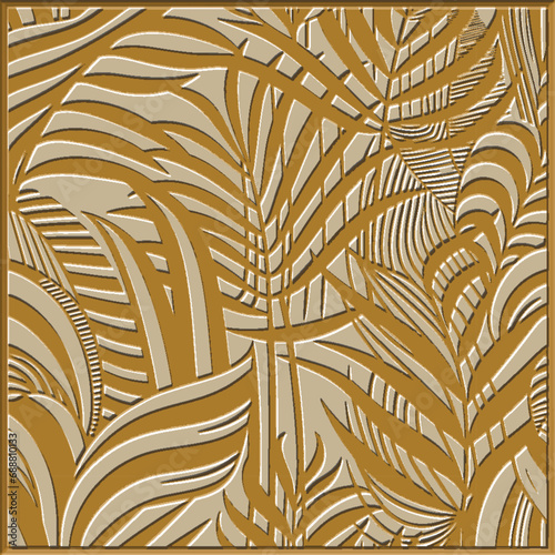 3d Tropical emboss palm leaves striped seamless pattern. Vector textured floral background with embossing effect. Square frame. Surface relief embossed ornaments with stripes, lines, palm branches