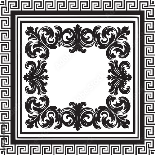 Black and white Baroque Damask ornamental vintage floral square  frame, border seamless pattern with space for text. Element. Antique Victorian Baroque style flowers ornament. Greek key meander frame