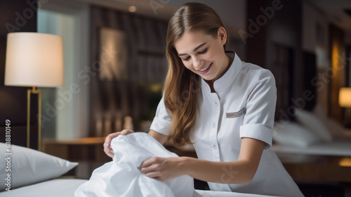 Young chambermaid making bed in luxury hotel room.