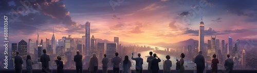 A group of multinational businesspeople, with their collective portrait harmoniously integrated into the expansive vista of a modern metropolis, denoting a narrative of unity and prosperity. photo