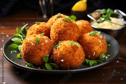 Delicious rustic homemade deep-fried Maltese arancini balls made rice and mozzarella cheese.