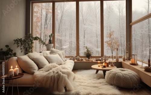 A cozy living room with windows, snow scenes