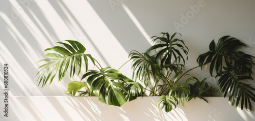 Tropical plants leaves with shadows on white concrete wall in sunlight. Abstract tropical background for product presentation