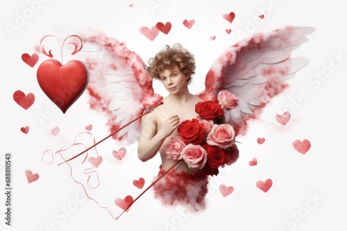 cupid with pink wings, red heart and flowers.valentine card photo