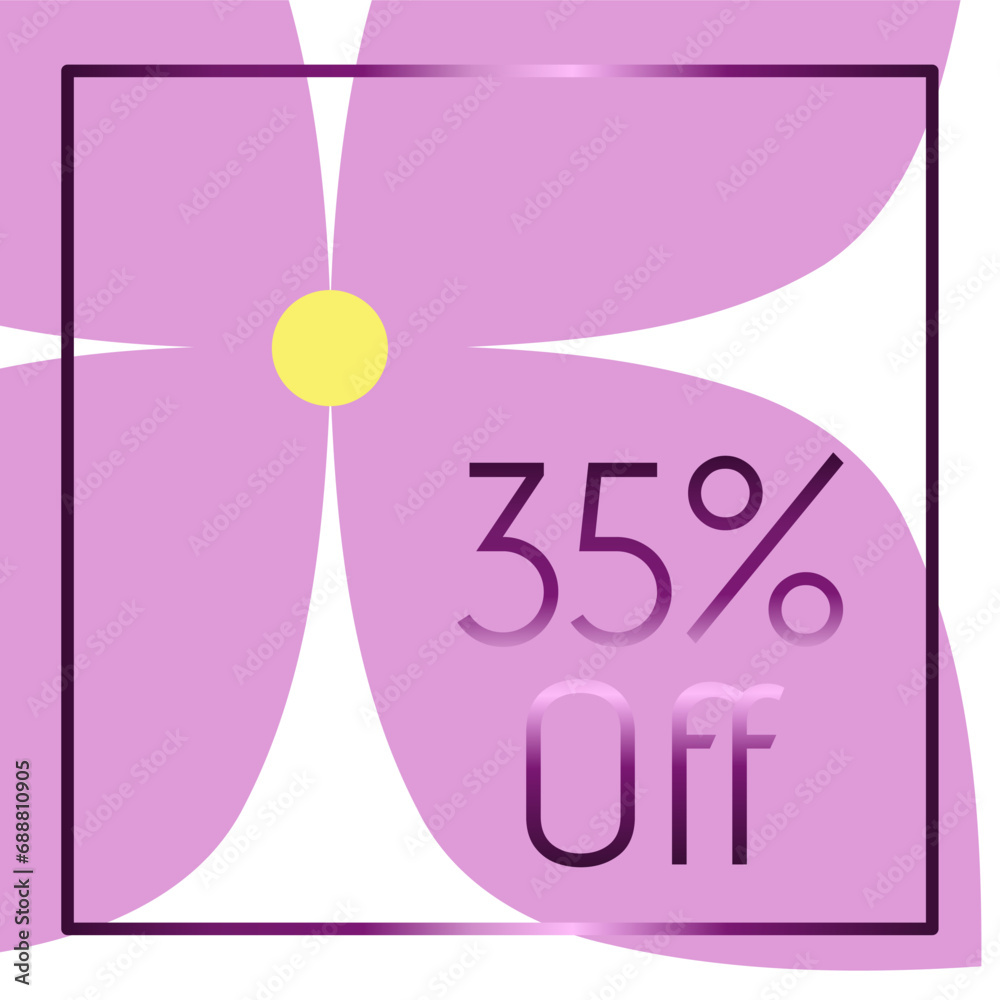 35% off. Discount. Purple frame with metallic effect. Lilac flower in the background.