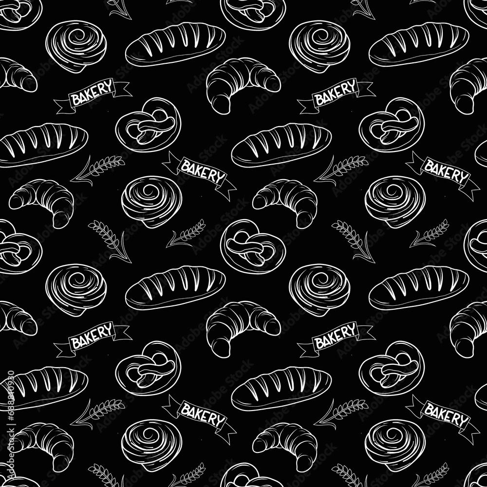 Bread and bakery, hand drawn, line drawings, illustrations. Seamless pattern. Bread and bakery, hand drawn, line drawings, illustrations. Seamless pattern.