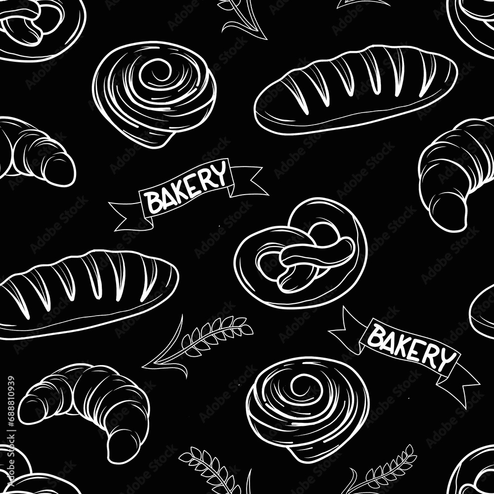 Bread and bakery, hand drawn, line drawings, illustrations. Seamless pattern. Bread and bakery, hand drawn, line drawings, illustrations. Seamless pattern.