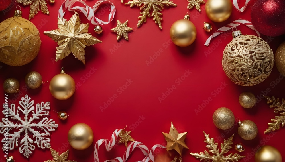 Christmas composition made of christmas gold decoration on red background. Flat lay, top view Christmas composition made of christmas gold decoration on red background. Flat lay, top view