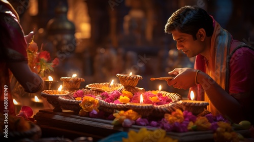 Indian man sitting surrounded by Diwali Clay Diya lamps candles lit during Dipavali  Hindu festival of lights celebration