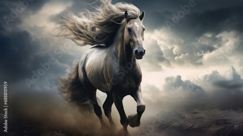 A horse galloping  its mane and tail made of billowing storm clouds.