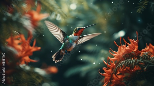 A hummingbird in flight with tropical rainforest foliage as its body pattern.