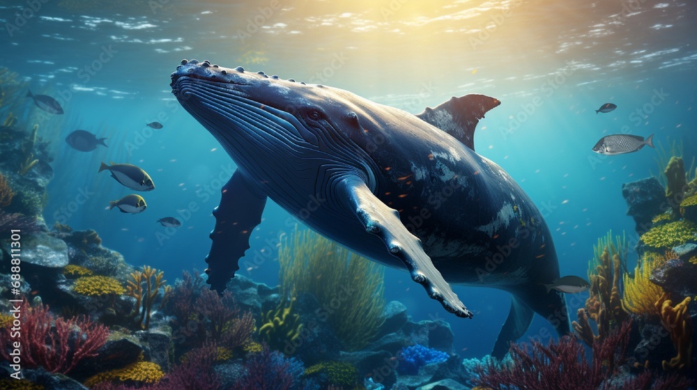 A humpback whale's dive, its massive form blending into a bustling ...