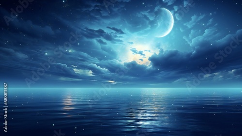 the moon reflecting over water in the night sky © Amena