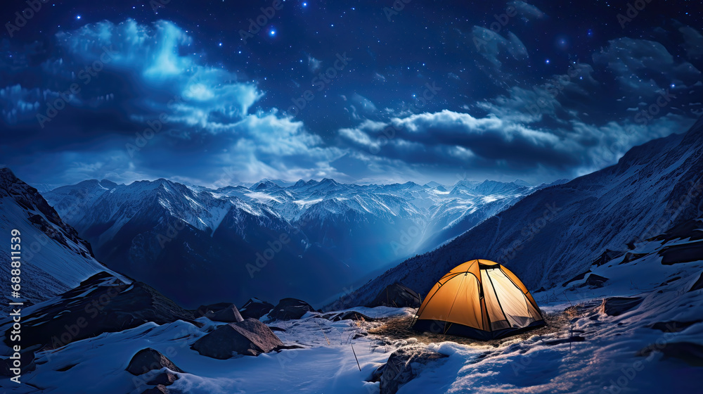 glowing tent in the mountains at night in the snow - obrazy, fototapety, plakaty 
