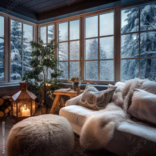 A cozy living room with windows, snow scenes © piai