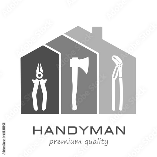 Handyman Service Logo Template Design.  Vector graphics for fixing, plumbing, renovation tools in trendy line style.  Silhouette Home with pliers, axe, adjustable wrench. EPS10.