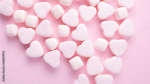 Marshmallows in hearts scattered on a pink background