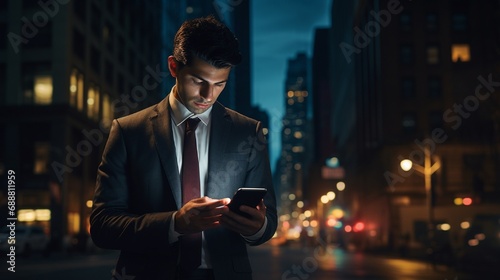 A man in business attire, seamlessly blended into an urban nightscape, his smartphone casting a glow that intertwines with the city's luminescent veins.