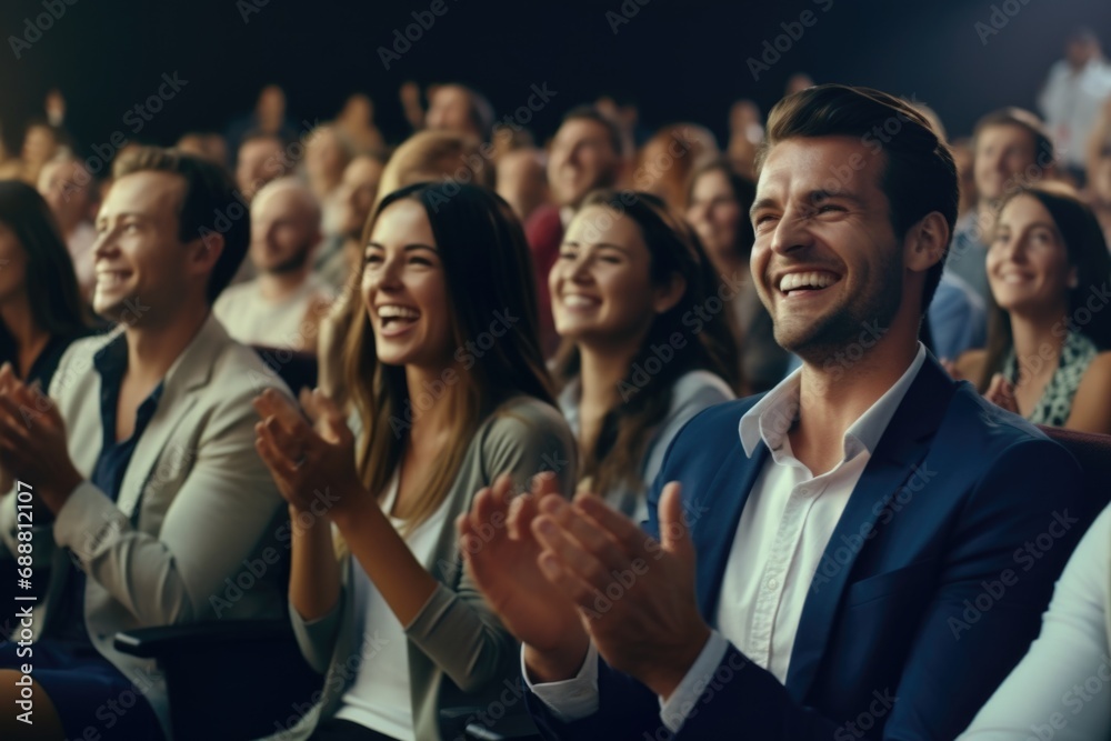A group of people sitting in front of a crowd, clapping. This image can be used to represent applause, appreciation, or support in various settings - obrazy, fototapety, plakaty 