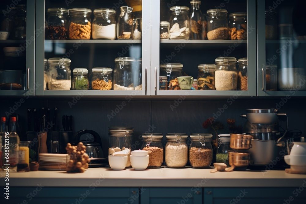 A kitchen counter displaying a variety of food jars. Perfect for illustrating a well-stocked pantry or cooking ingredients.