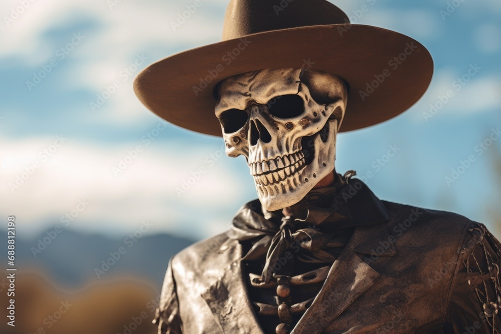 A skeleton wearing a hat and a leather jacket. Suitable for Halloween-themed designs and spooky concepts