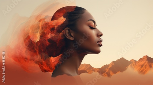 A mesmerizing profile portrait of a mixed-race woman, her image interlaced with a double color exposure that combines the fiery reds and oranges of desert sands photo