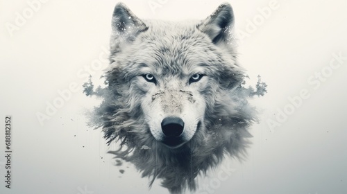 A meticulously crafted double exposure that captures the essence of a wolf's face, with every fur detail standing out against an immaculate white environment.