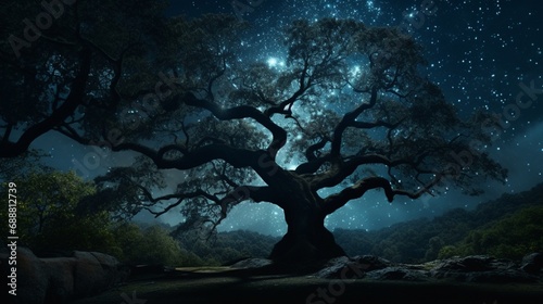 A silhouette of an ancient oak tree whose branches transform into a detailed map of a starry galaxy, with celestial bodies twinkling amidst the foliage.