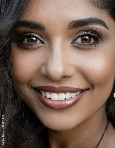 woman face with long eyelashes, makeup and beautiful smile, closeup