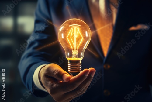 A man in a suit holding a light bulb. Suitable for business, innovation, and creativity concepts