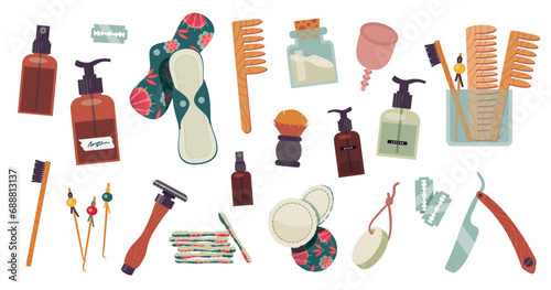 Zero waste bathroom for men and women. recycled packaging, bamboo toothbrush, wood, cotton, shaver blade, pad, sanitary napkin. Vector illustration separated items.