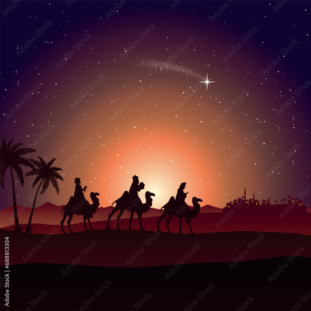 Christmas Nativity Scene - Three Wise Men go to Bethlehem in the desert at night Christmas Nativity Scene - Three Wise Men go to Bethlehem in the desert at night
