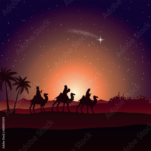 Christmas Nativity Scene - Three Wise Men go to Bethlehem in the desert at night