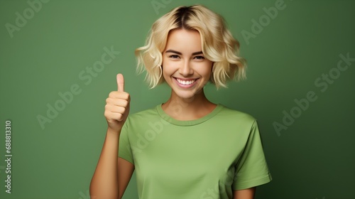 junge Frau zeigt lächelnd Daumen hoch – Zustimmung, Aufbruch, Optimismus photo