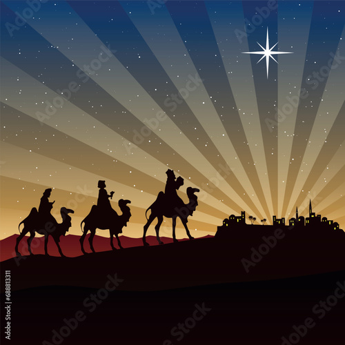 Christmas Nativity Scene - Three Wise Men go to Bethlehem in the desert at night photo